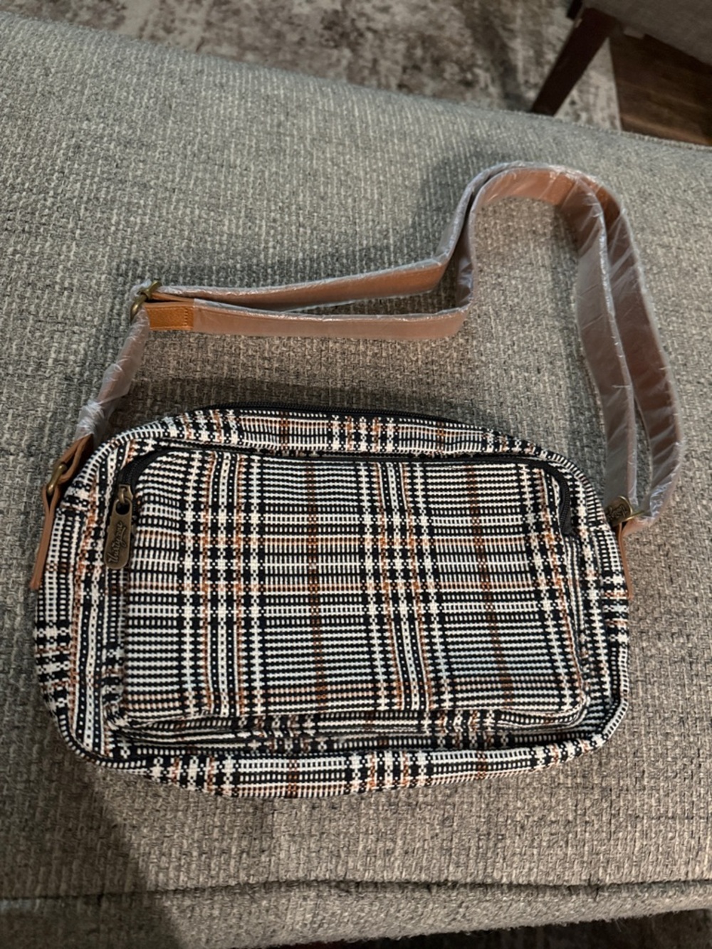 Thirty-one Black and Tan Plaid Crossbody Bag New